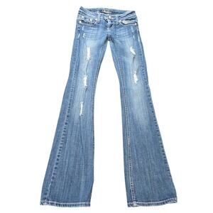 Soundgirl Cross Back Low Rise Flare Jeans Women's Size 0 Blue Distressed Pocket